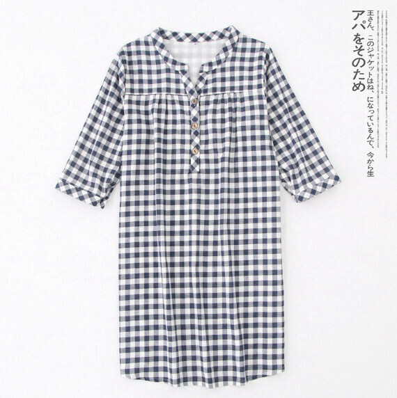 Spring and summer gauze plaid nightdress (navy blue) [M-L size] [Contact customer service to confirm the shipping size after placing an order]