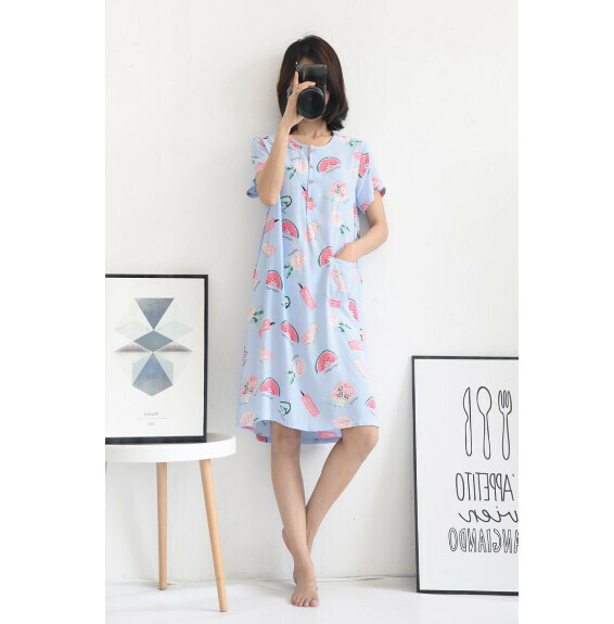 Summer cotton short-sleeved nightdress (blue watermelon) [one size] [suitable for people around 90-135 pounds]