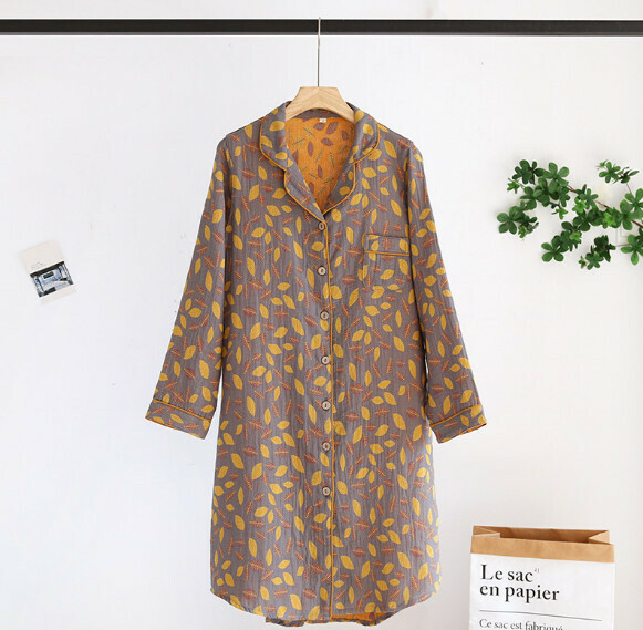 Spring and summer double gauze retro long-sleeved nightdress (LYZ yellow leaves) [M-XL size] [Contact customer service to confirm the shipping size after placing an order]