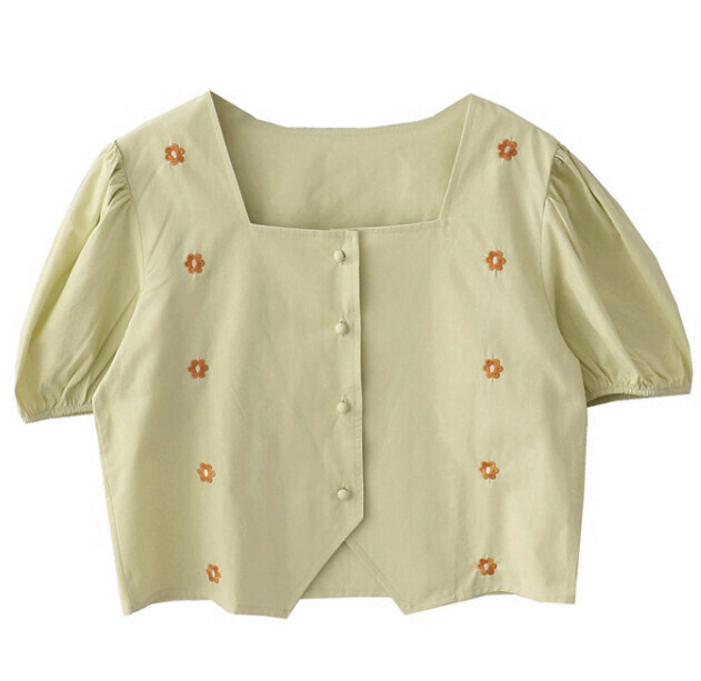 Hot Selling Embroidered Square Neck Short Shirt [Olive Green] [One Size Fits All]