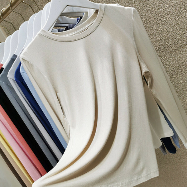 Thin Slim Crew Neck Long Sleeve Mask T-Shirt [Apricot] [80-130 lbs One Size]