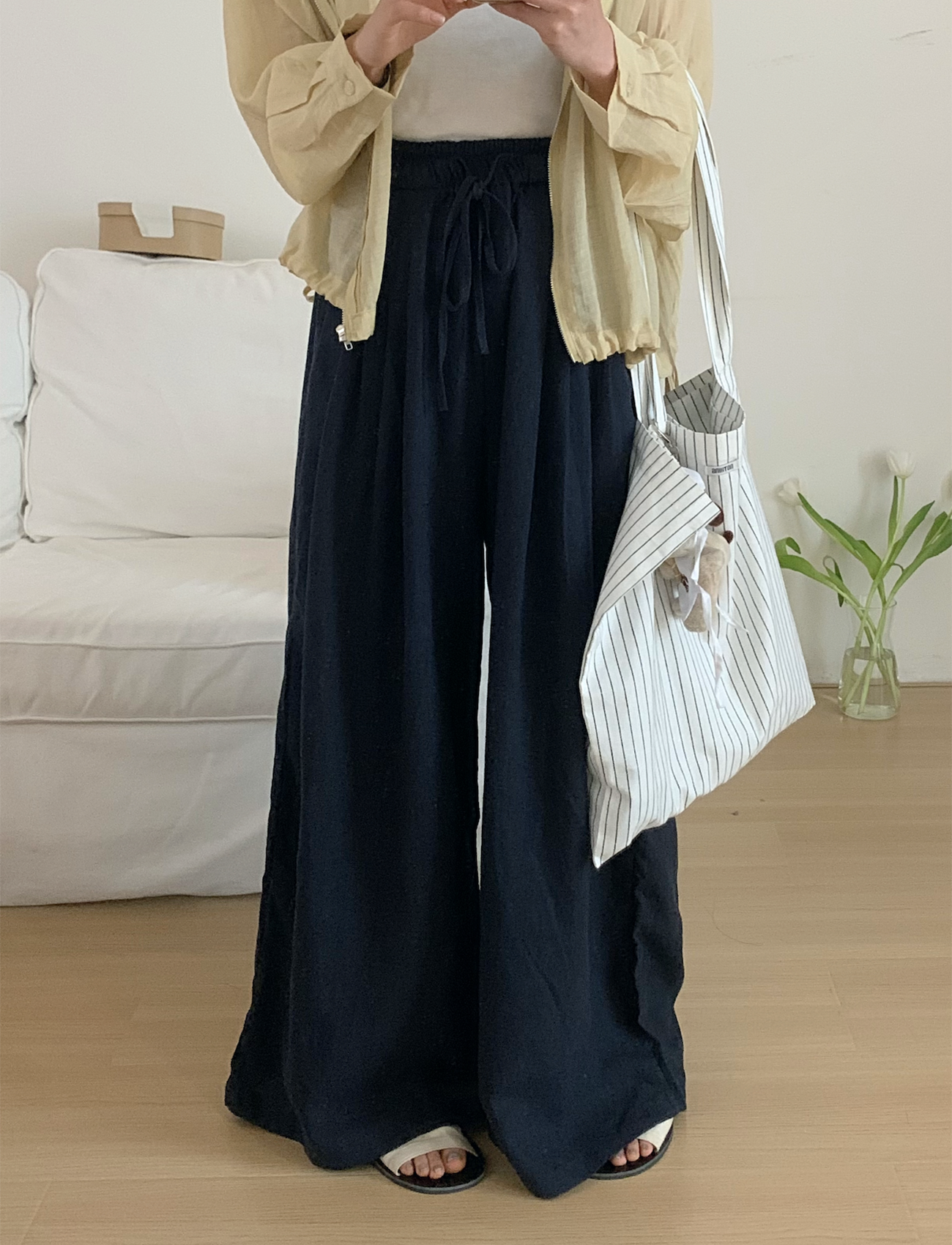 簡約打褶棉麻寬褲