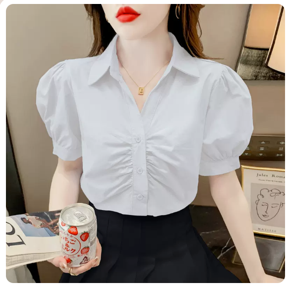 Pleated Puff Short Sleeve Shirt (White Size: S-3XL) (Please contact customer service to confirm the shipping size after placing an order)