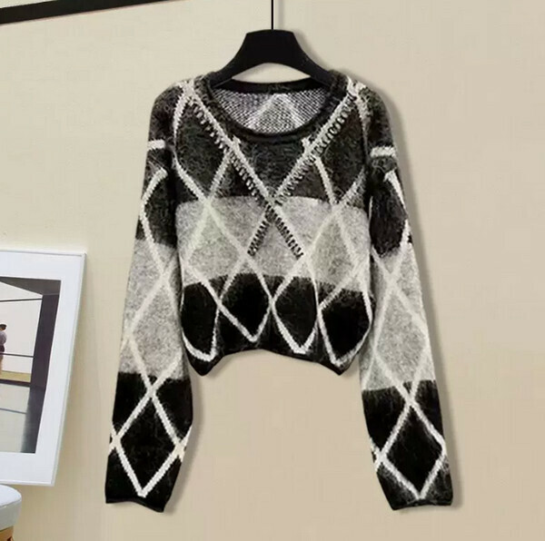 Flesh-covering and slimming rhombic beaded sweater#Single piece (black gray) (M-4XL size) (Contact customer service to confirm size after placing an order) 