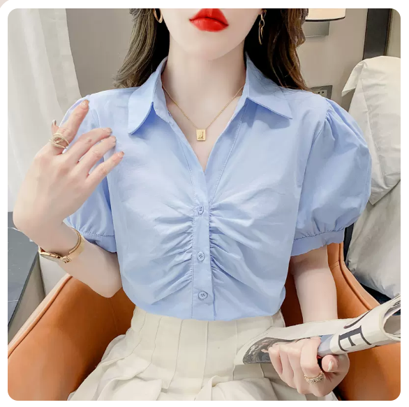 Pleated Puff Short Sleeve Shirt (Blue Size: S-3XL) (Please contact customer service to confirm the shipping size after placing an order)
