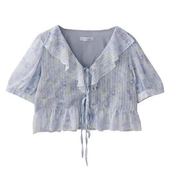 Hot selling ruffled lace-up floral shirt [blue] [size L]