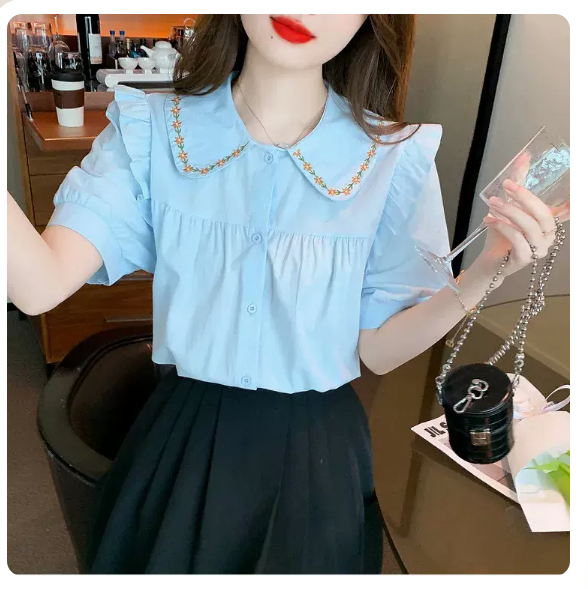Short sleeve chiffon shirt (blue size: S-3XL) (please contact customer service to confirm the shipping size after placing an order)
