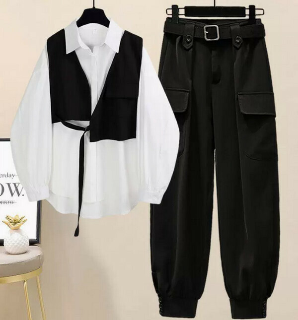 Women's three-piece set - black vest + white shirt + black cargo pants (M-4XL) (contact customer service to confirm the size after placing an order) 