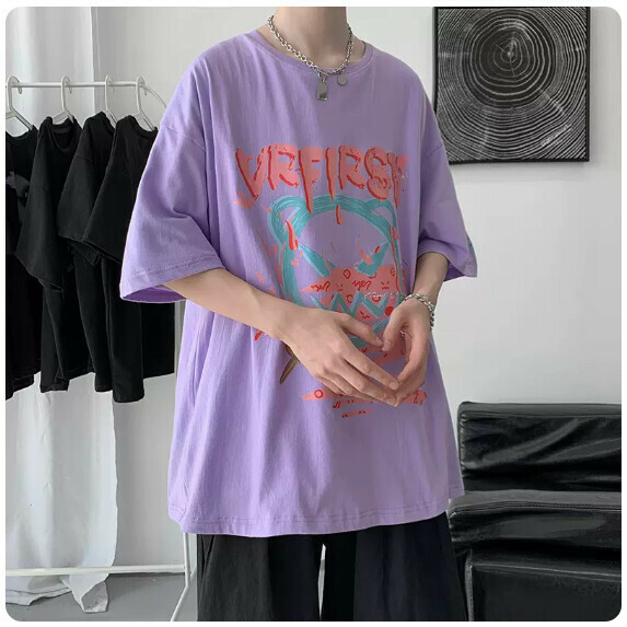 Short-sleeved T man (light purple [S_5XL size] (contact customer service to confirm the shipping size after placing an order)