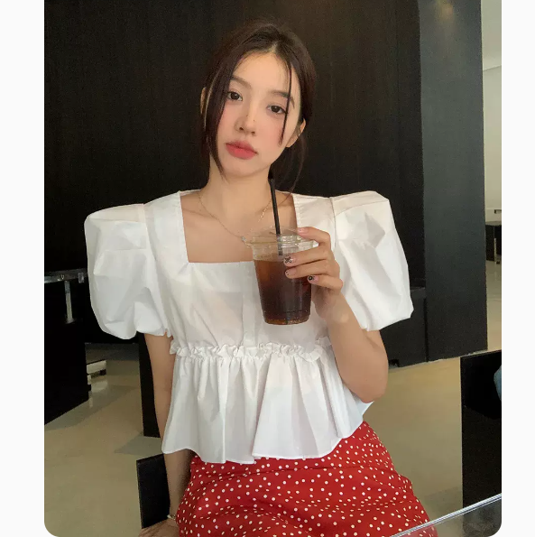 Puff Sleeve Short Sleeve Top (White Size: S-3XL) (Please contact customer service to confirm the shipping size after placing an order)