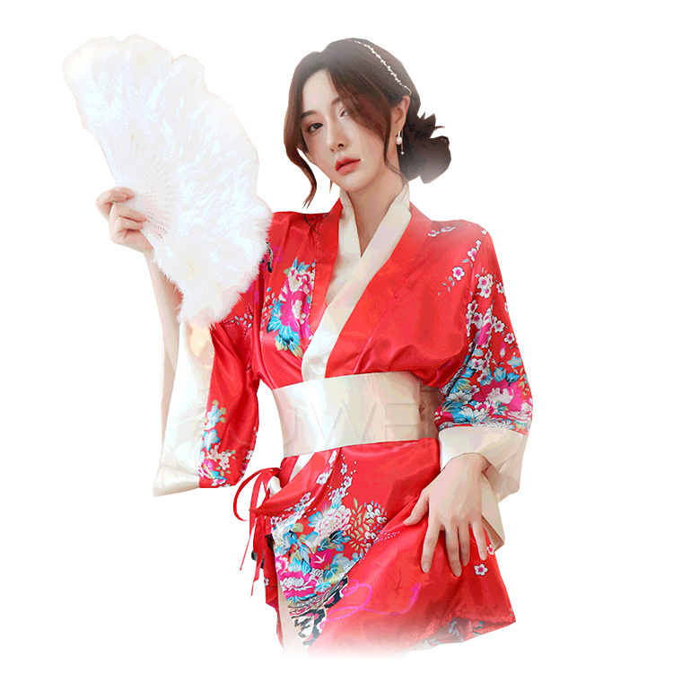 花莎情露 側邊開衩印花日式和服三件組套裝