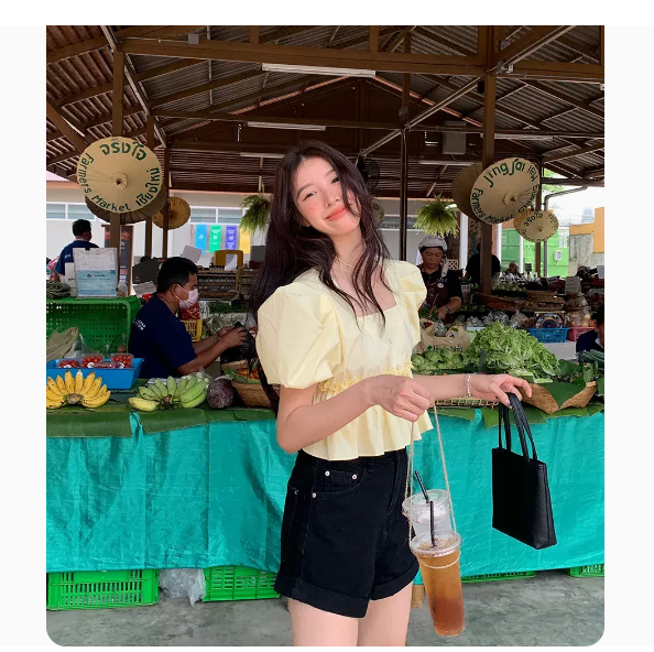 Puff Sleeve Short Sleeve Top (Yellow Size: S-3XL) (Please contact customer service to confirm the shipping size after placing an order)