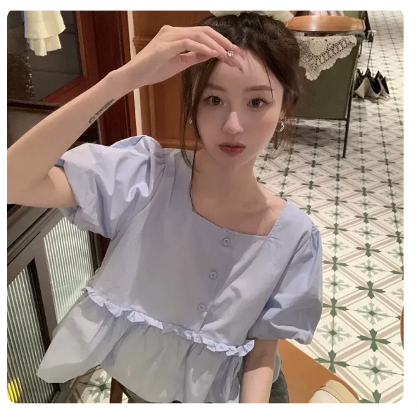 Puff Sleeve Short Sleeve Shirt (Blue Size: S-3XL) (Please contact customer service to confirm the shipping size after placing an order)