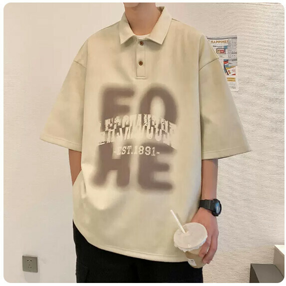 熱推水印翻領短袖T恤男夏（杏色【M_5XL碼】（下單後聯繫客服確認發貨尺碼）