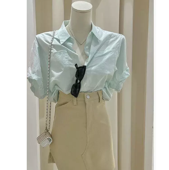 Thin cotton loose casual top (Aqua Green Size: S-3XL) (Please contact customer service to confirm the shipping size after placing an order)