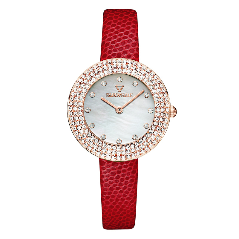 【Mark Fairwhale 馬克菲爾】FW-3390 優雅 鋯石鑲嵌 蛇紋皮革 女士 手錶-