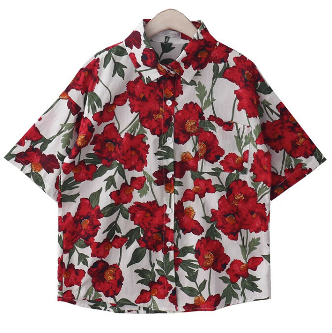 熱賣油畫印花襯衫【紅色花】【均碼】