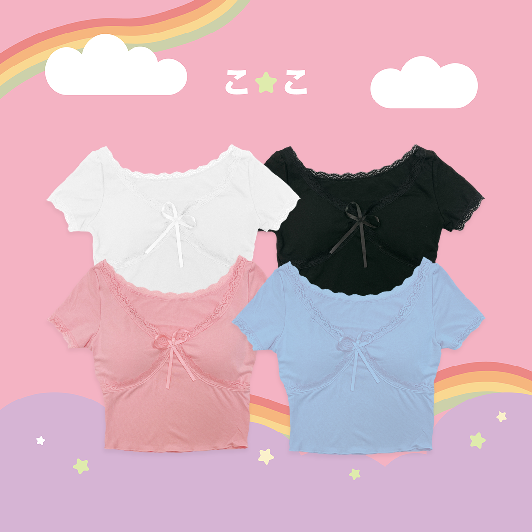 こ♡こ 蕾絲蝴蝶結短袖胸墊上衣