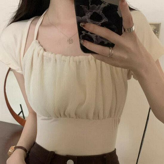 熱賣假兩件掛脖短袖【杏色】【均碼】