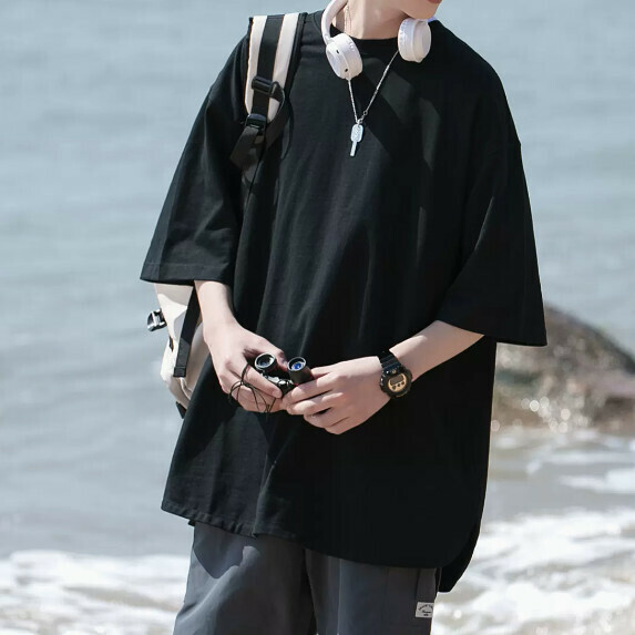 T-shirt slit short sleeve man (black [size M_2XL] (contact customer service to confirm the shipping size after placing an order)