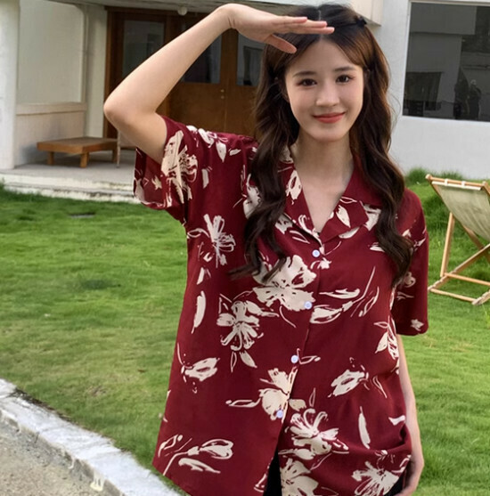 熱賣印花襯衫【酒紅色】【S碼/L碼】（下單後請聯絡客服確認發貨尺碼）