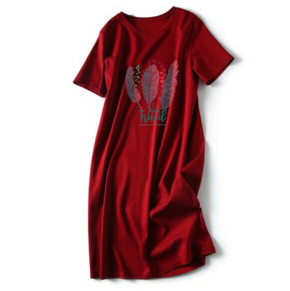 Midi Loose Slim T Dress [6Q625 Burgundy Feather] (M-3XL size) (Contact customer service to confirm size after placing an order)