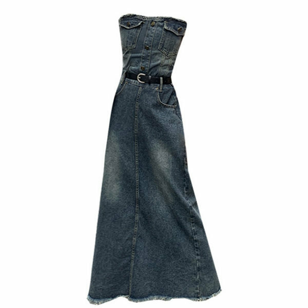 Hot selling retro denim tube top dress (blue size S-L) (please contact customer service to confirm the delivery size after placing the order)
