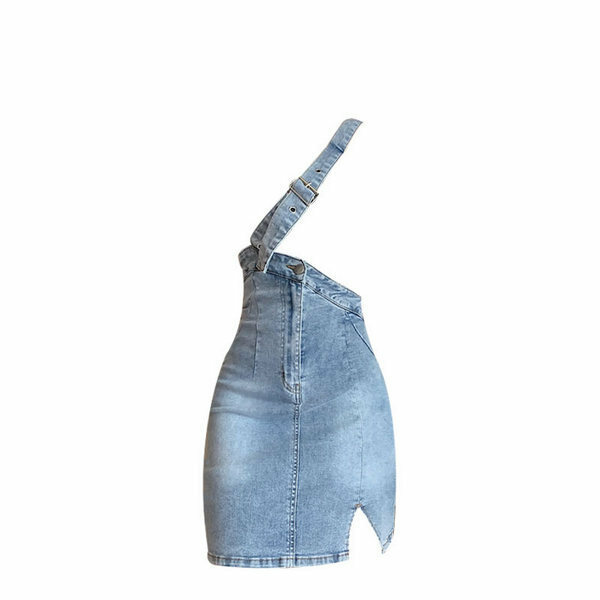 Hot selling single-sided suspender slit high-waisted denim skirt (blue size S-L) (please contact customer service to confirm the delivery size after placing the order)