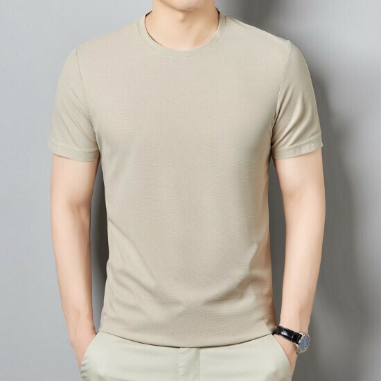 Solid color short-sleeved T-shirt [Rice Camel] size [M-4XL] [Contact customer service to confirm the shipping size after placing an order]