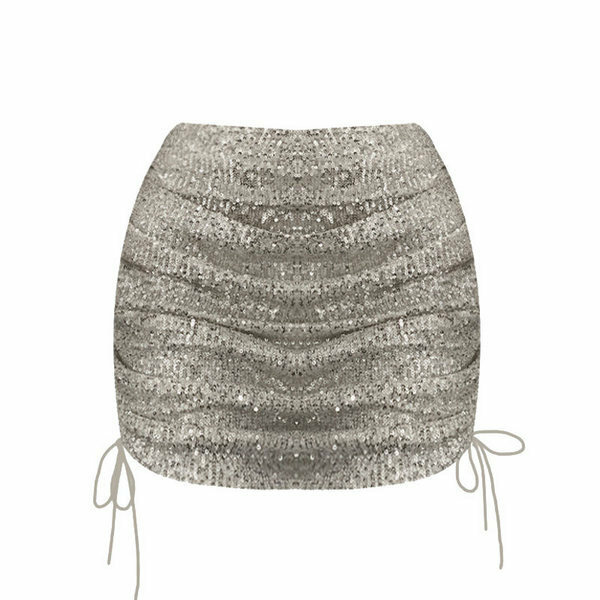 Best Selling Sequin Gathered Drawstring Skirt (Silver Size S)