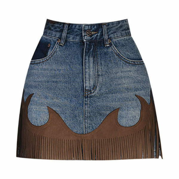 Hot selling tassel patchwork denim skirt (blue size S-L) (please contact customer service to confirm the delivery size after placing the order)