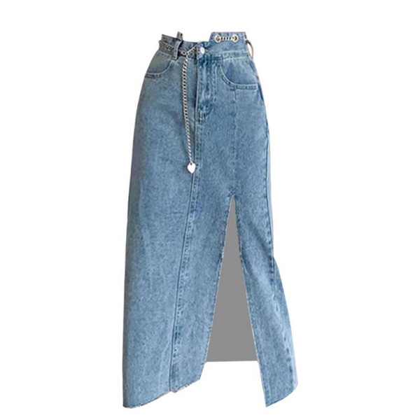 Hot selling chain high slit denim skirt (blue size S-L) (please contact customer service to confirm the delivery size after placing the order)