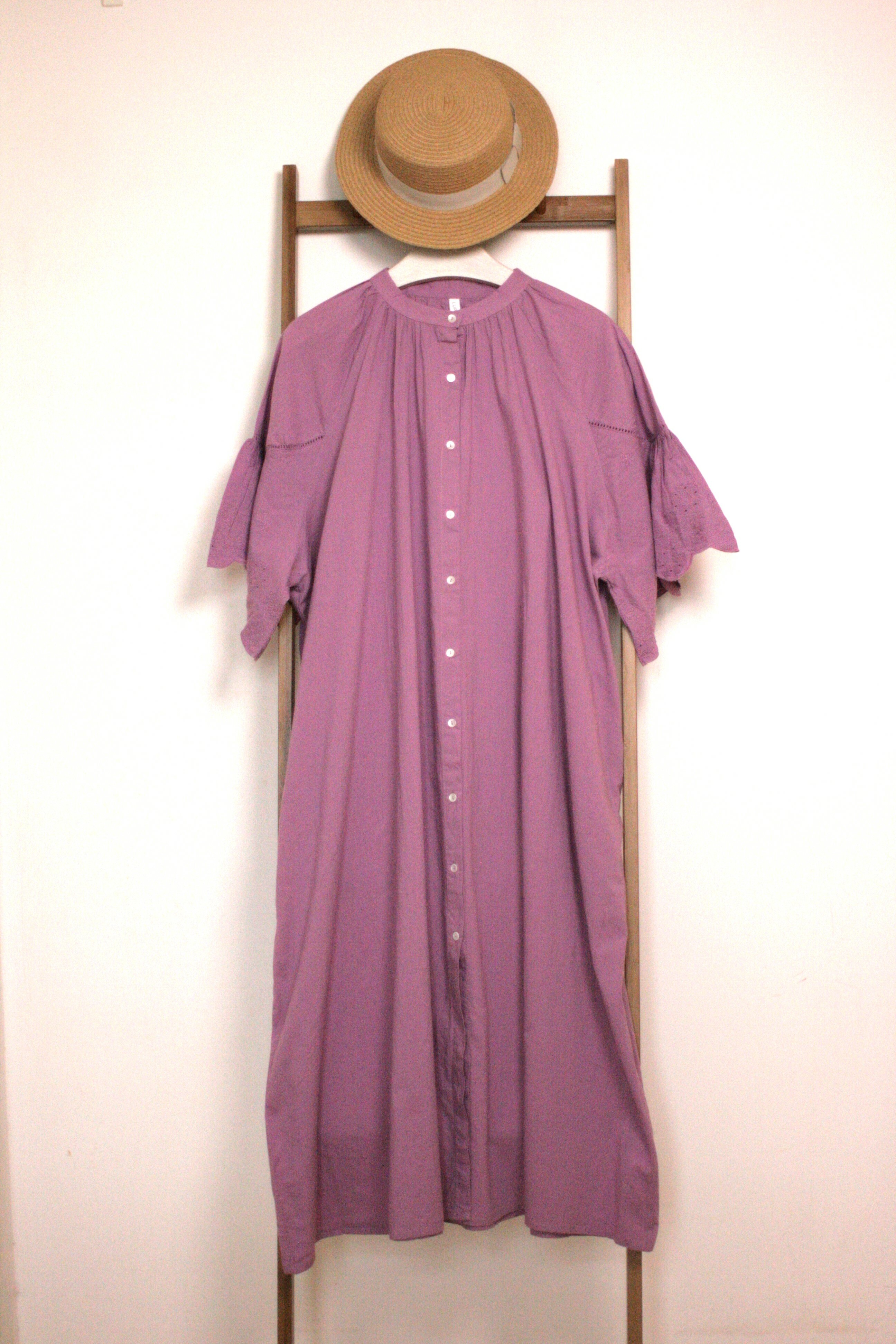 粉紅色扇貝刺繡喇叭袖連衣裙【日本直送】