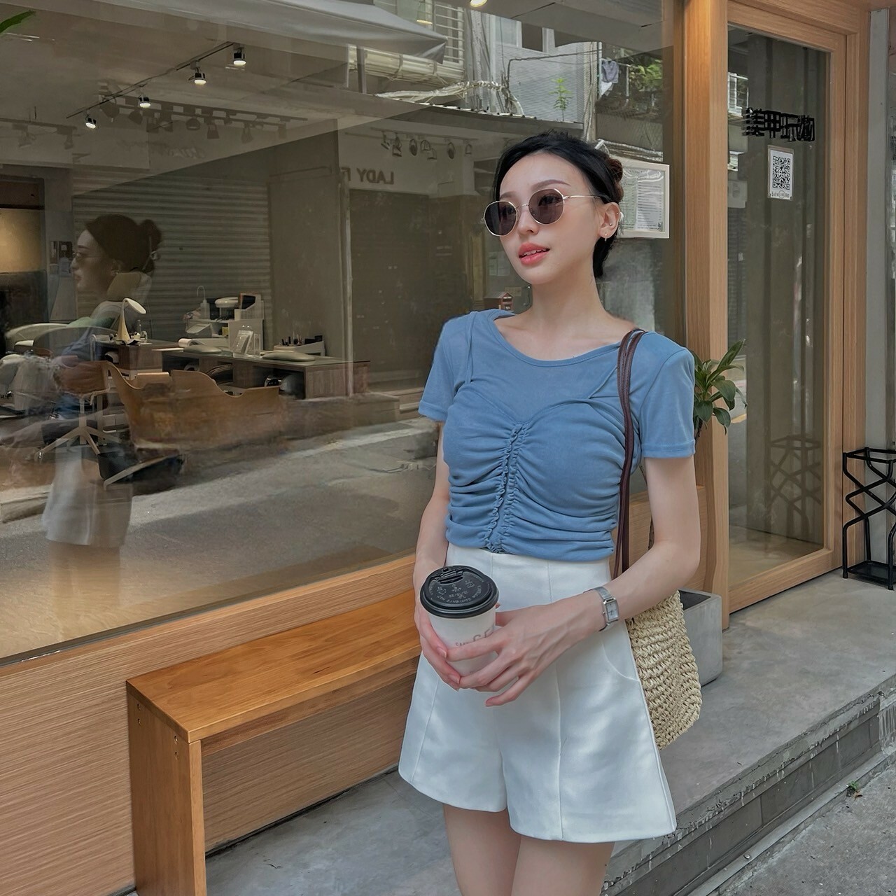 假兩件抓皺桃心上衣/四色