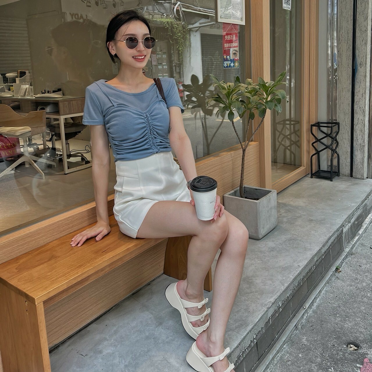 假兩件抓皺桃心上衣/四色