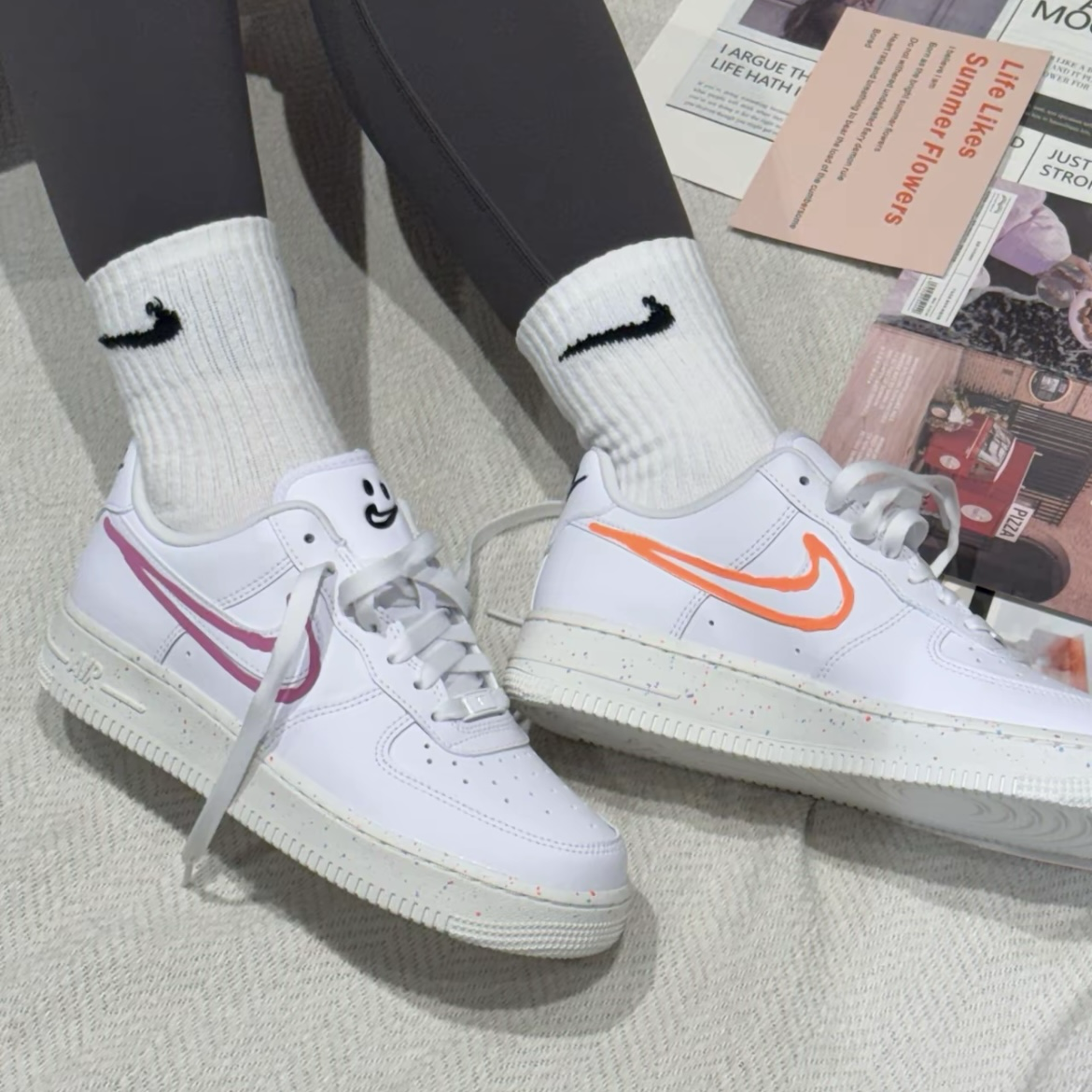 Nike Air Force 1 Low Neon Paint 四色鴛鴦鉤 笑臉 潑墨 藍橘綠粉 白底 低筒