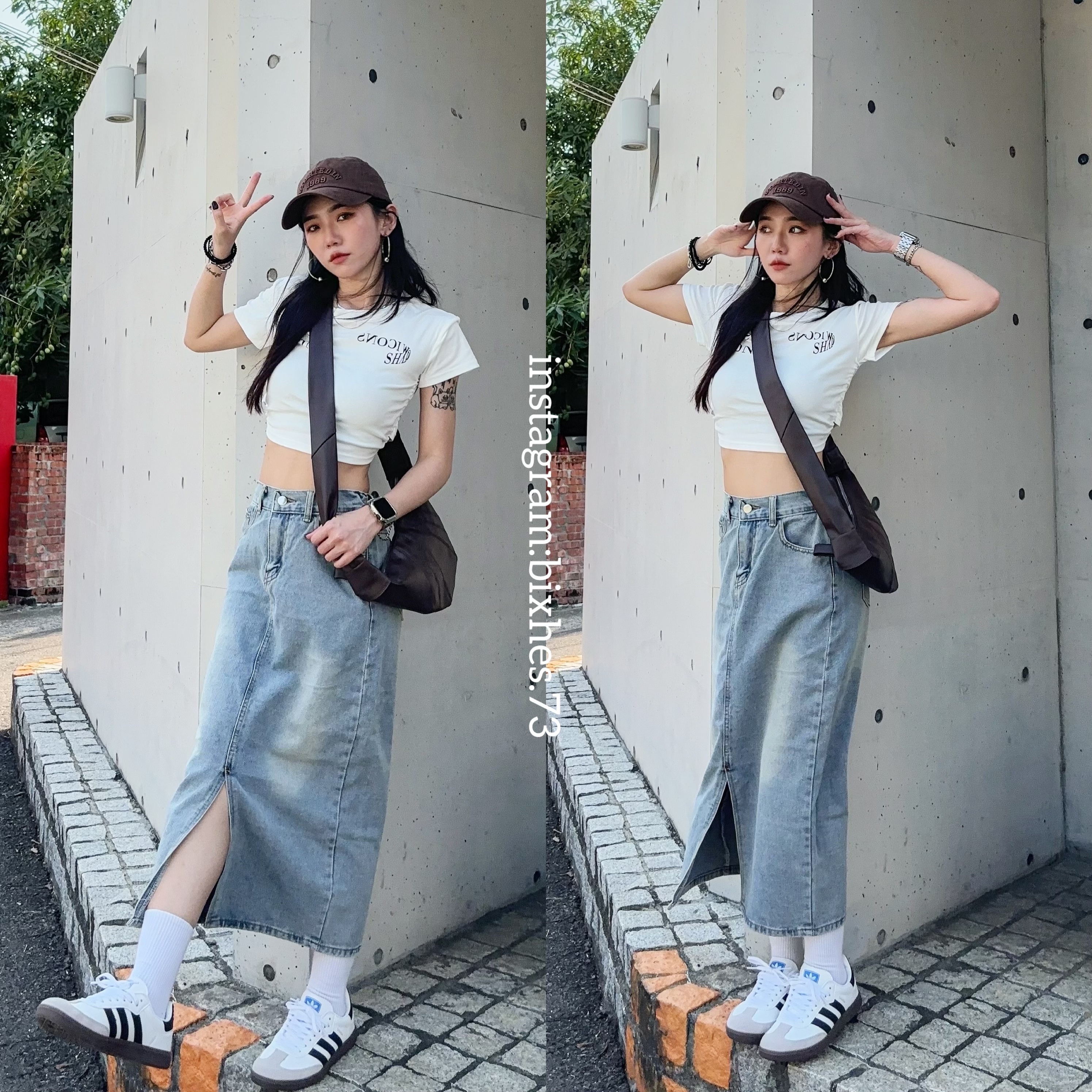 淺藍復古前開衩長裙(D00010)