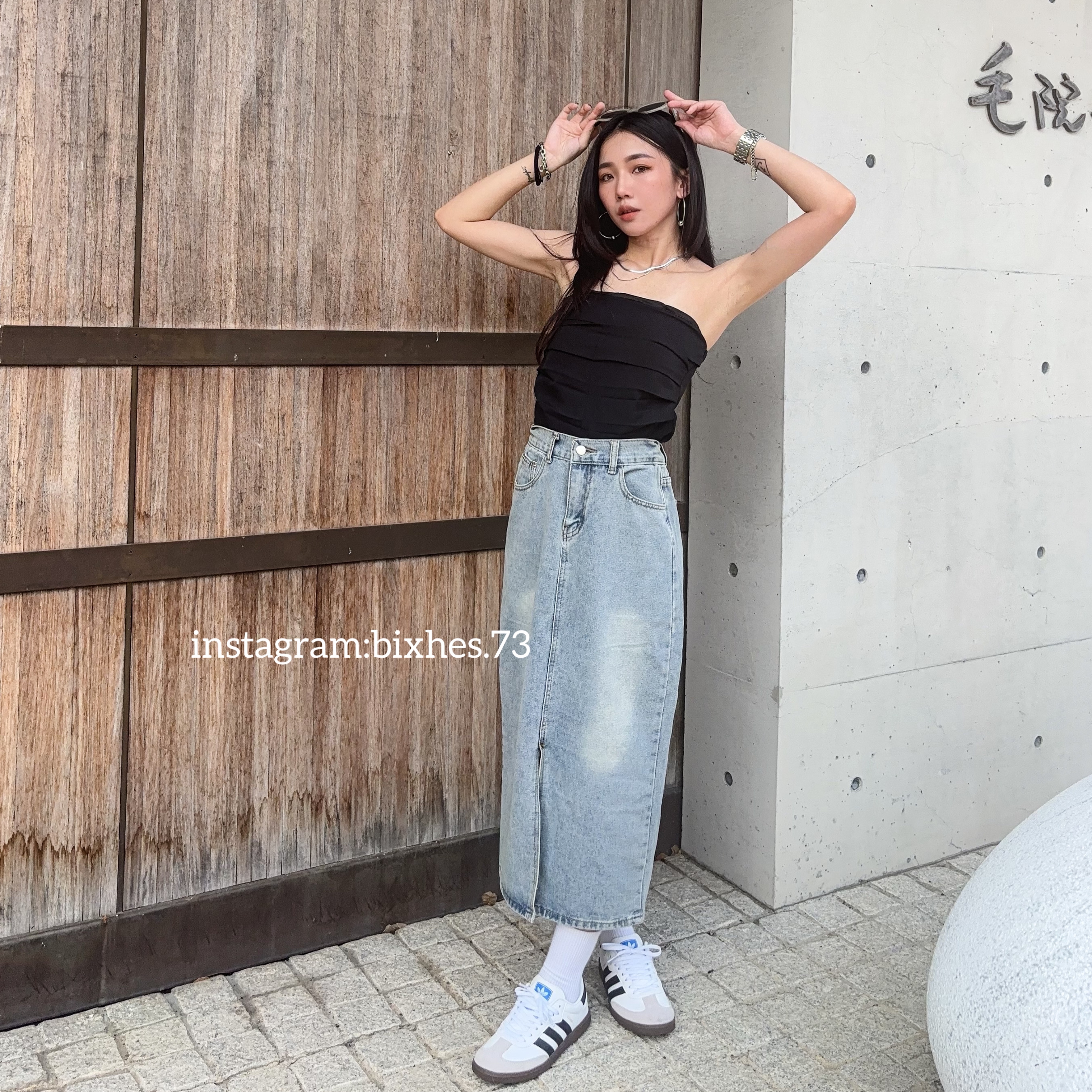 淺藍復古前開衩長裙(D00010)