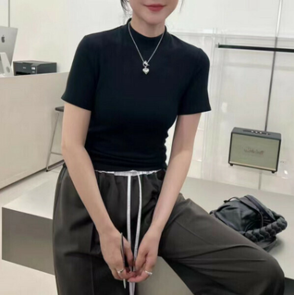 Soft and slim round neck solid color T-shirt [stand collar short sleeve black] [one size]