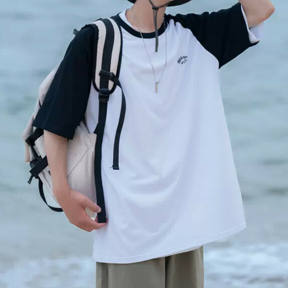 熱賣拼接撞色短袖T恤男夏季（黑色【M_2XL碼】（下單後聯繫客服確認發貨尺碼）