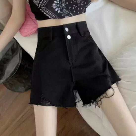 熱賣高腰牛仔短褲【黑色(豎雙紐)】【S-2XL碼】(下單後請聯絡客服確認發貨尺碼)
