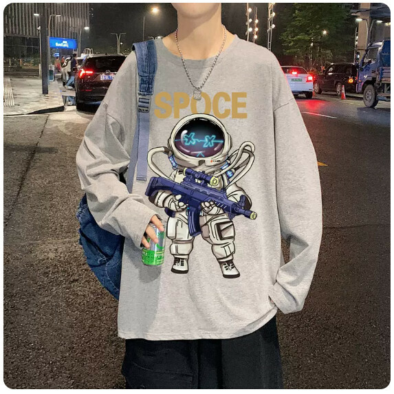 Printed Long Sleeve T-Shirt Men's Spring and Autumn (Gray [M_5XL size] (contact customer service to confirm the shipping size after placing an order)