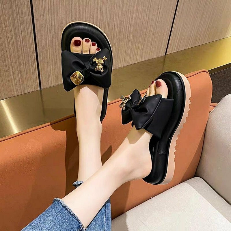 Hot selling thick-soled bow slippers (black size 35-40) (please contact customer service to confirm the delivery size after placing the order)