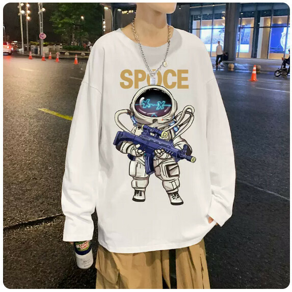 Printed Long Sleeve T-Shirt Men's Spring and Autumn (White [M_5XL Size] (Contact customer service to confirm the shipping size after placing an order)