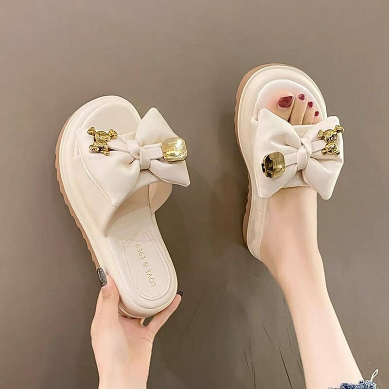Hot selling thick-soled bow slippers (off-white, size 35-40) (please contact customer service to confirm the delivery size after placing the order)