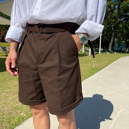 生物水洗亞麻腰帶西裝短褲