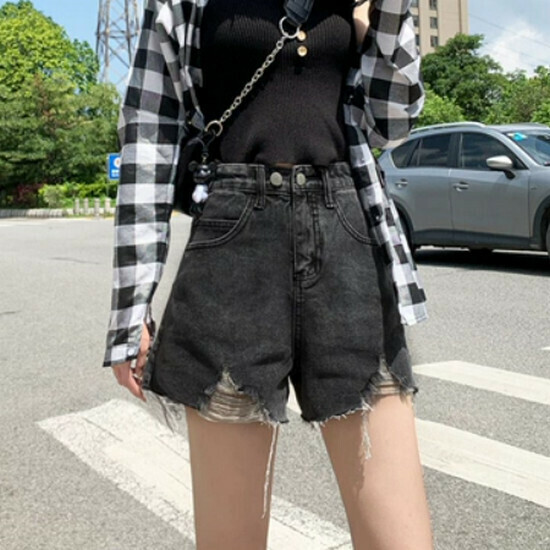 熱賣高腰牛仔短褲【灰色(平雙紐)】【S-2XL碼】(下單後請聯絡客服確認發貨尺碼)