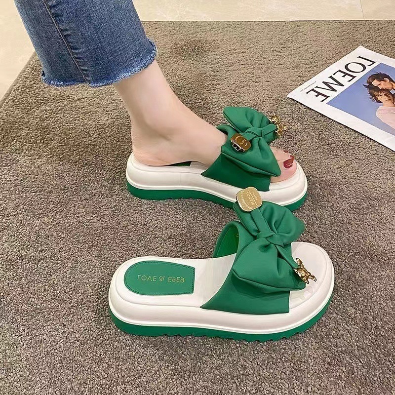 Hot selling thick-soled bow slippers (green size 35-40) (please contact customer service to confirm the delivery size after placing the order)