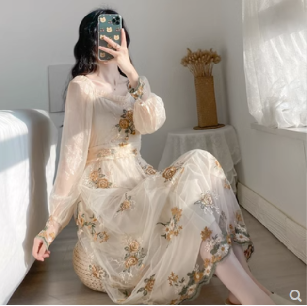 Fragrance Long Sleeve Mesh Embroidery Dress (Picture Color) (XS-XL) (Contact Customer Service to Confirm Shipping Size after Ordering)