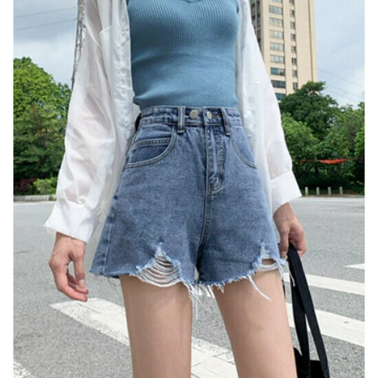 熱賣高腰牛仔短褲【藍色(平雙紐)】【S-2XL碼】(下單後請聯絡客服確認發貨尺碼)